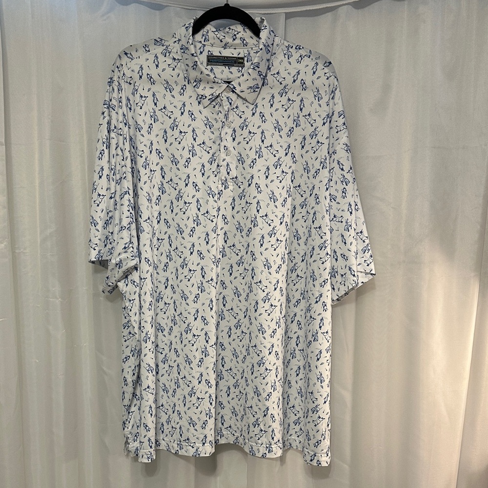 Roundtree & Yorke White and Blue Golf Shirt With Rodeo Print